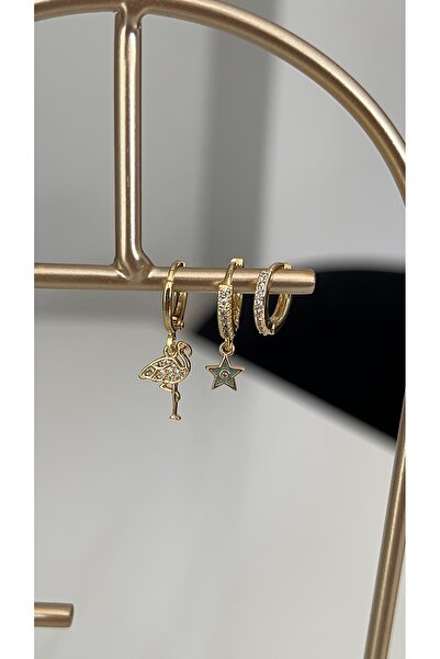 SU PERİSİ TAKI BİJUTERİ Gold Flamingo and Star 3-Piece Set of Earrings