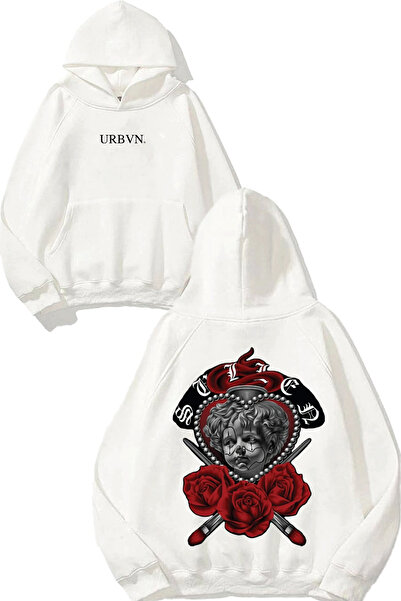 urbvn سولين روز ديزاين مطبوع قصة فضفاضة سويت شيرت أبيض بغطاء رأس