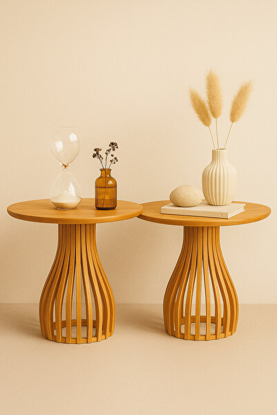 Onouqo Palermo Duo Yuvarlak Modern Rustik Retro Dekoratif Ahşap Çıtalı Yan Or...