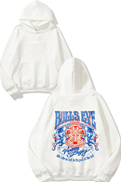 urbvn تصميم بولز آي مطبوع قصة فضفاضة سويت شيرت أبيض بغطاء رأس