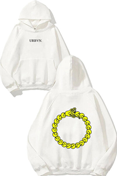 urbvn تصميم وجه الضفدع مطبوع قصة فضفاضة سويت شيرت أبيض بغطاء رأس