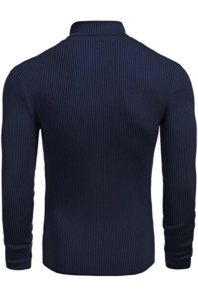 HANCLO Синій колір Чоловічий светр з коміром Slim Fit Еластична тканина