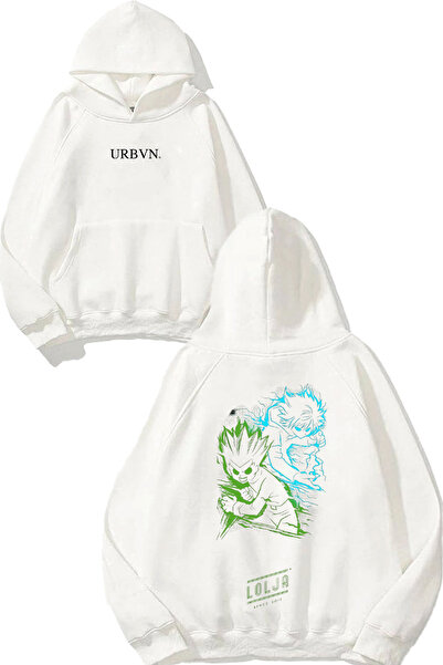 urbvn تصميم لوجيا مطبوع قصة فضفاضة سويت شيرت أبيض بغطاء رأس