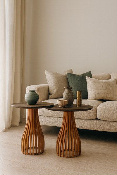 Onouqo Palermo Duo Yuvarlak Modern Rustik Retro Dekoratif Ahşap Çıtalı Yan Or...