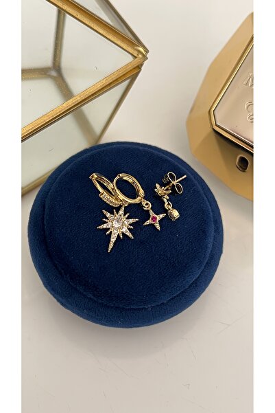 SU PERİSİ TAKI BİJUTERİ Gold Pink Stone Detailled North Star 3-Piece Set of Earrings