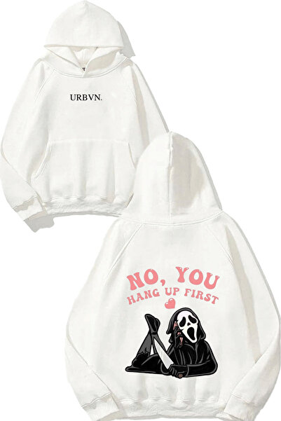 urbvn هانغ أب ديزاين مطبوع قصة فضفاضة سويت شيرت أبيض بغطاء رأس