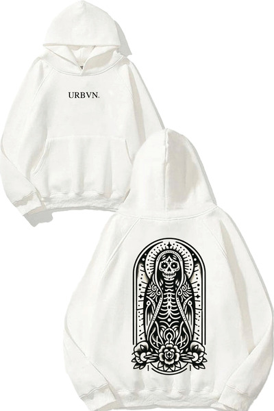 urbvn Mexican Design Printed Oversized White Hooded Sweatshirt