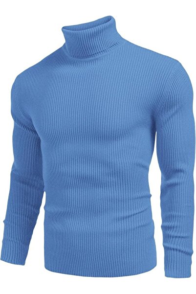 HANCLO Синій колір Чоловічий светр з коміром Slim Fit Еластична тканина