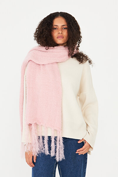 OX-RA Powder Pink Soft Textured Bearded Tassel Detailed Scarf, Shawl