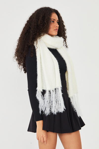 OX-RA Eșarfă albă cu textura moale și ciucuri, șal