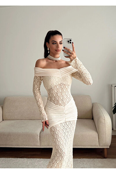 Zoom Butik Madonna Yaka Dantel Elbise - EKRU