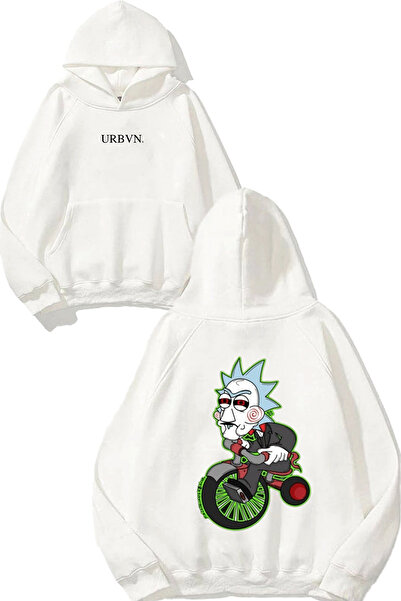 urbvn ريك جيغسو ديزاين مطبوع قصة فضفاضة سويت شيرت أبيض بغطاء رأس