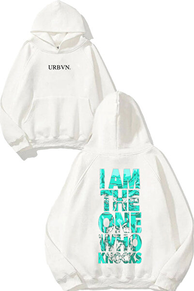 urbvn Who Knocks Design Printed Oversized White Hooded Sweatshirt