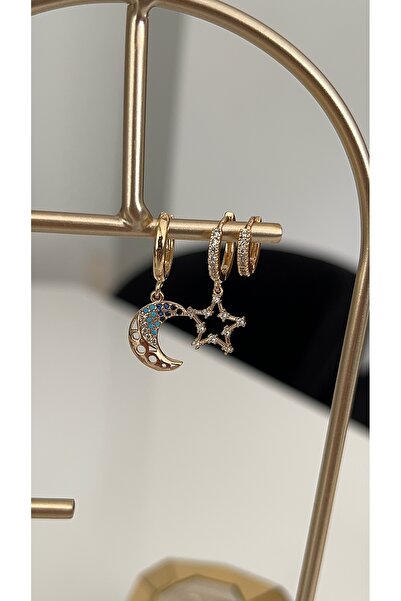 SU PERİSİ TAKI BİJUTERİ Gold Blue Zircon Stone Moon and Star 3-Piece Set of Earrings
