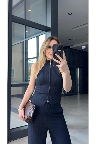 FEMİAS Dark Blue Halter Neck Front Zipper Striped Vest