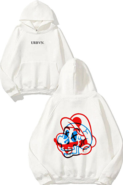 urbvn Super Mario Red Design Printed Oversized White Hooded Sweatshirt