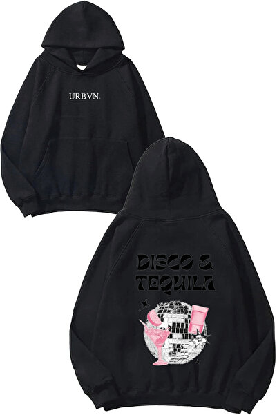 urbvn تصميم ديسكو تيكيلا مطبوع قصة فضفاضة سويت شيرت أسود بغطاء رأس