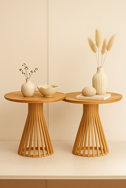 Onouqo Palermo Duo Yuvarlak Modern Rustik Retro Dekoratif Ahşap Çıtalı Yan Or...