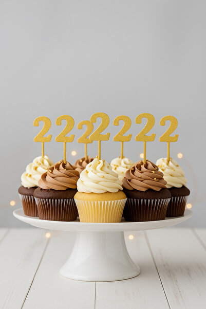 Atolye Doruk Gold 2 Year Old Birthday Cake Topper - Two Cake Lettering - Number 2 Cupcake Picks - Baby Birthday