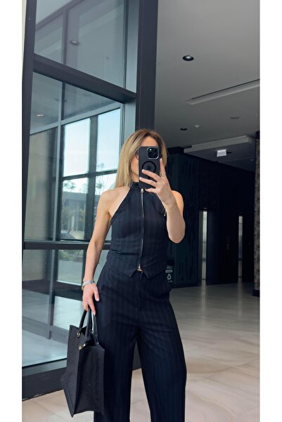 FEMİAS Dark Blue Halter Neck Front Zipper Striped Vest