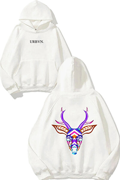 urbvn Colorful Deer Design Printed Oversized White Hooded Sweatshirt