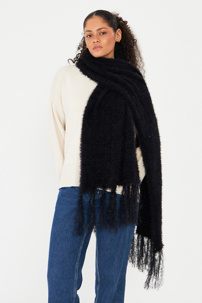 OX-RA Black Soft Textured Bearded Tassel Detailed Scarf, Shawl