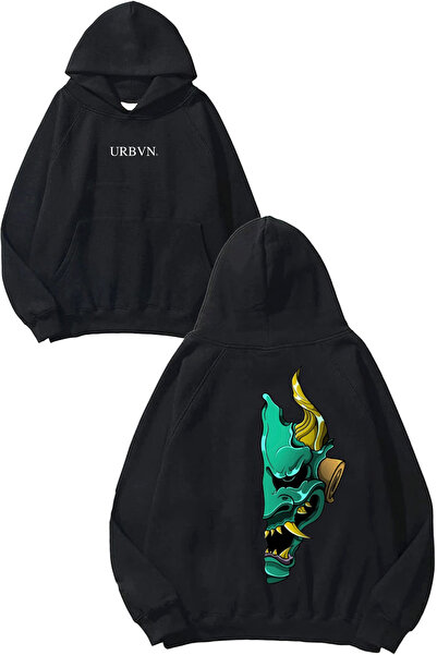 urbvn تصميم نصف شيطان أخضر مطبوع قصة فضفاضة سويت شيرت أسود بغطاء رأس