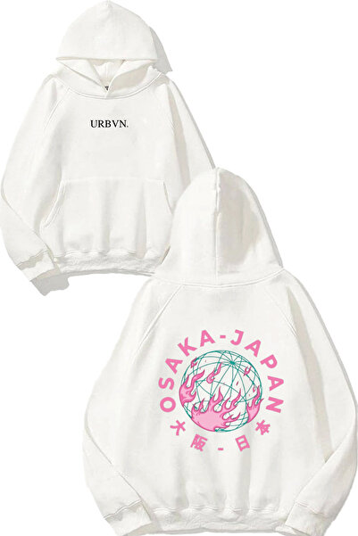 urbvn اليابان أوساكا ديزاين مطبوع قصة فضفاضة سويت شيرت أبيض بغطاء رأس