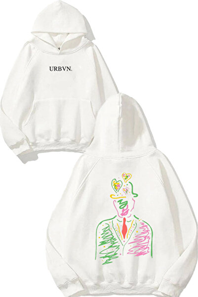 urbvn تصميم رسم آدم مطبوع قصة فضفاضة سويت شيرت أبيض بغطاء رأس