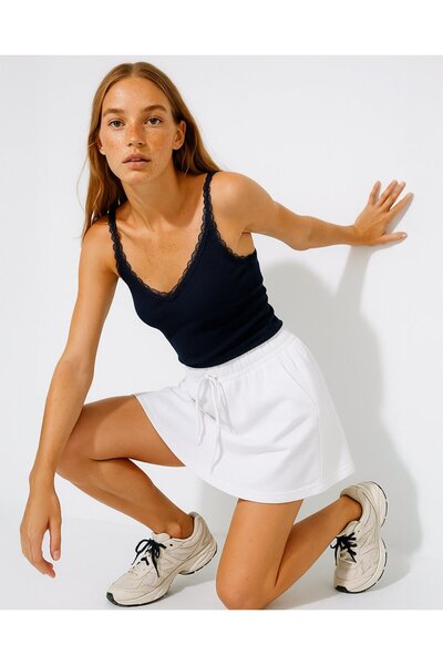 Ltb V-Neck Lace Detailed Navy Blue Undershirt