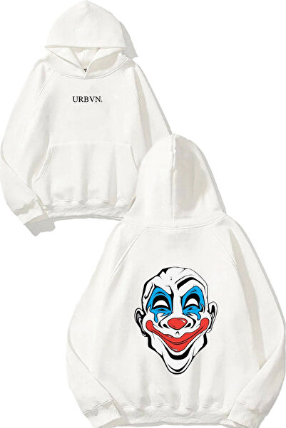 urbvn تصميم وجه المهرج مطبوع قصة فضفاضة سويت شيرت أبيض بغطاء رأس