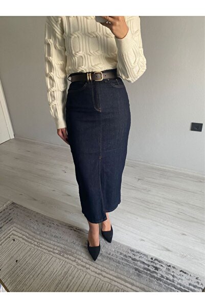 Niceboutique Kemerli Yüksek Bel Ön Yırtmaçlı Midi Boy Denim Etek