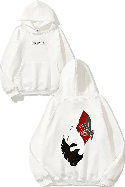 urbvn سويت شيرت بتصميم شادو واريور مطبوع قصة فضفاضة أبيض بغطاء رأس