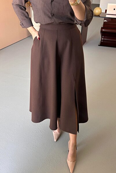 Suziş Brown Slitted Golede Skirt 4S5175