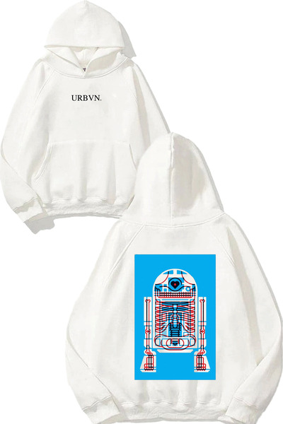 urbvn سويت شيرت روبوت ستار وورز ديزاين مطبوع قصة فضفاضة أبيض بغطاء رأس