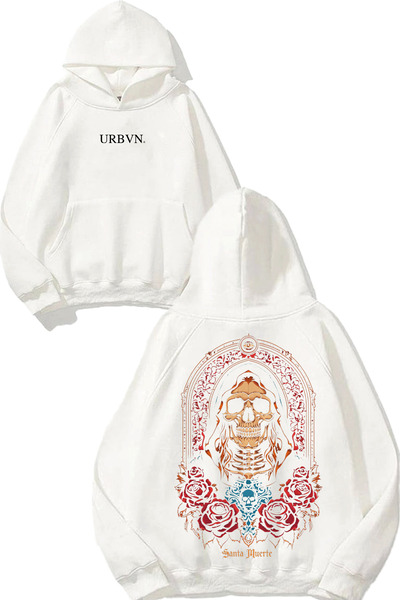 urbvn سانتا مويرتي ديزاين مطبوع قصة فضفاضة سويت شيرت أبيض بغطاء رأس