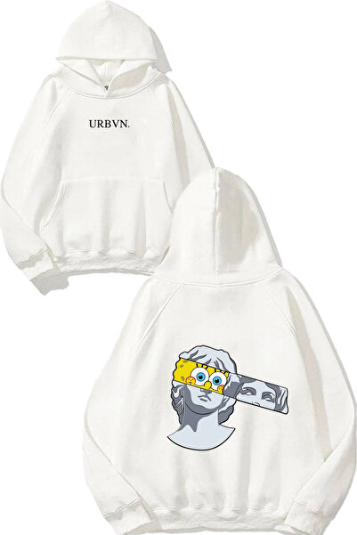 urbvn تصميم تمثال سبونج بوب مطبوع قصة فضفاضة سويت شيرت أبيض بغطاء رأس