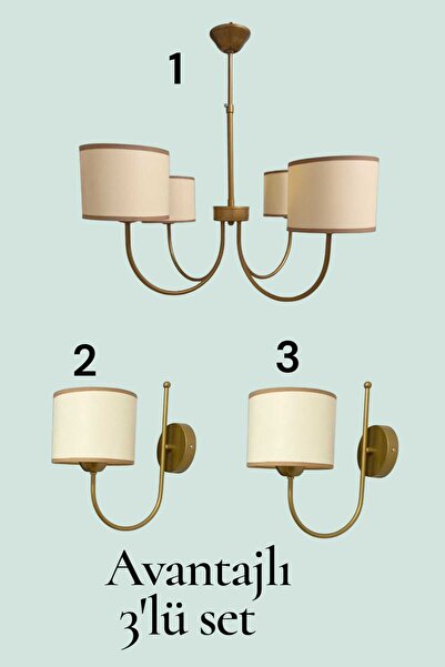 BSA LIGHTING ENDA 4'LÜ ESKİTME MODERN AVİZE VE 2 ADET APLİK ( KREM SİLİNDİR ABAJUR)(3'LÜ SET)