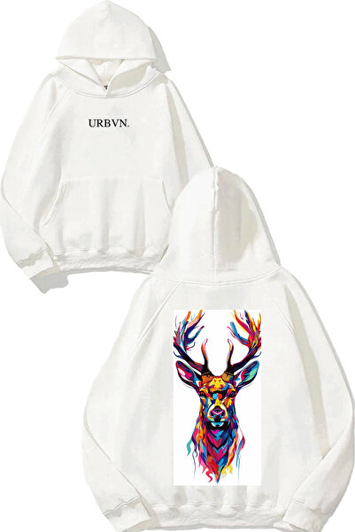 urbvn تصميم وجه الغزال مطبوع قصة فضفاضة سويت شيرت أبيض بغطاء رأس