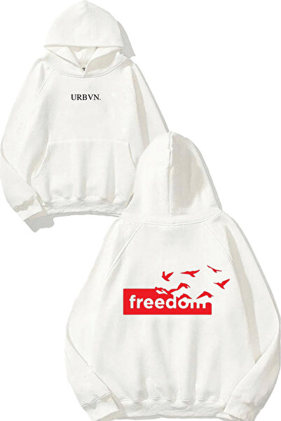 urbvn سويت شيرت فريدوم ريد ديزاين مطبوع قصة فضفاضة أبيض بغطاء رأس