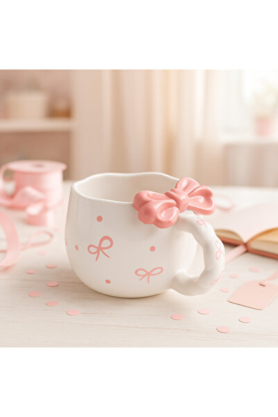 Çağ Seramik Fiyonk Desenli El Yapımı Seramik Kupa – Kulplu Krem Kahve Kupası