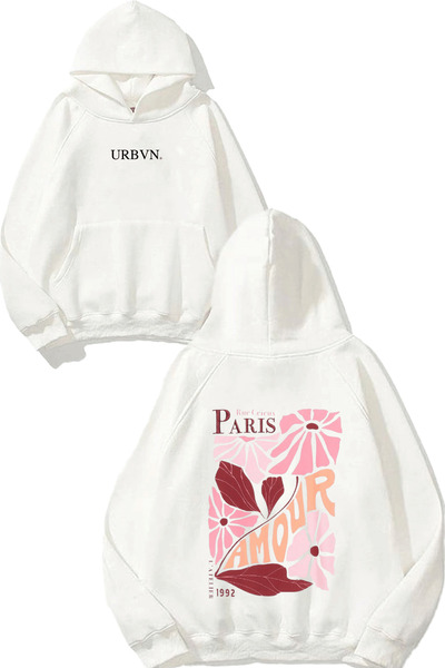 urbvn باريس أمور ديزاين مطبوع قصة فضفاضة سويت شيرت أبيض بغطاء رأس