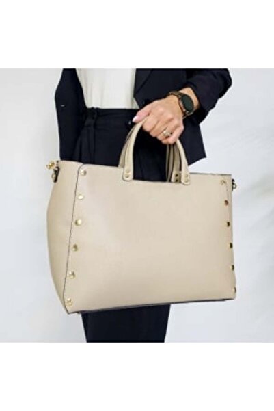 FY FashionForYou Prime Brief business bag, leather, gold metal details, Cream