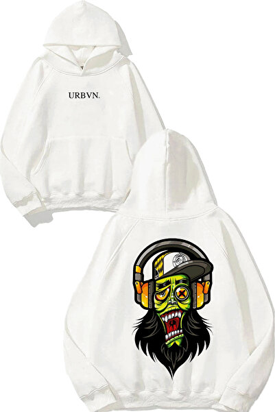 urbvn Rapper Monster Design Printed Oversized White Hooded Sweatshirt