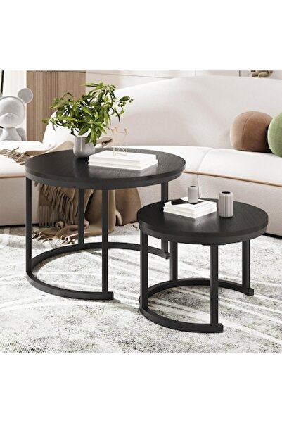 HOMERECOMMEND Set of 2 Round Nesting Coffee Tables, Metal Frame, Black