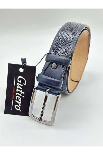 Gutiero Men's 100% Genuine Leather Navy Blue Classic Belt