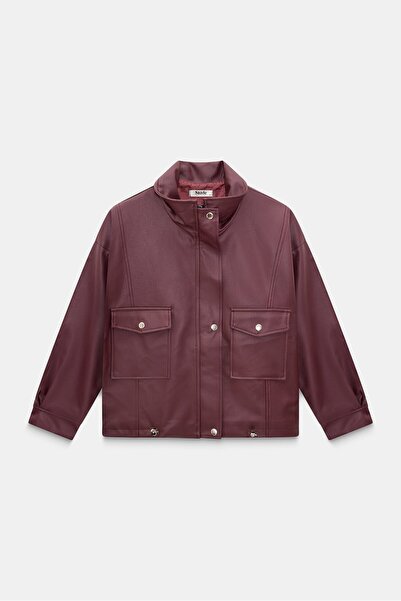 Saade Women's Relax Fit Faux Leather Bomber Jacket with Mock Neck Snap Closures and Zipper Pockets - Adjustable Waist