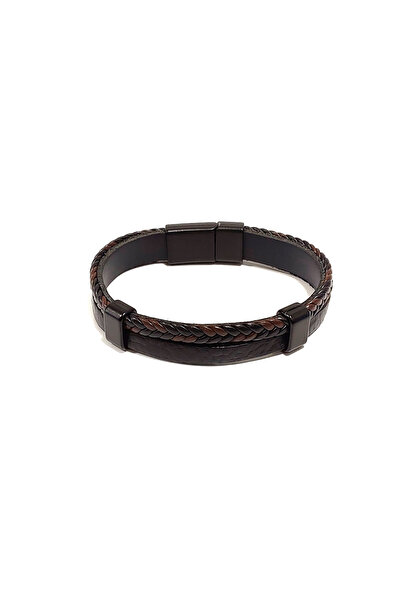 Herşey Nota Brown and Black Double Row Braided Genuine Leather Men's Bracelet |   Magnetic Metal Buckle Design