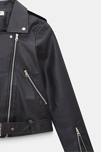 Saade Women's Relax Fit Shirt Collar Belted Pocket Faux Leather Biker Crop Jacket - Zipper Detail