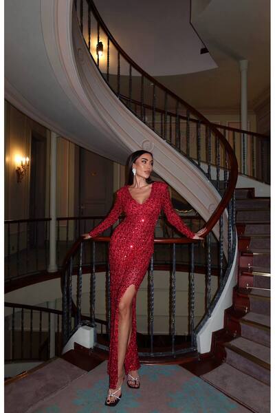 Julidress Red V-Neck Lined Slit Maxi Long Length Premium Sequined Dress
